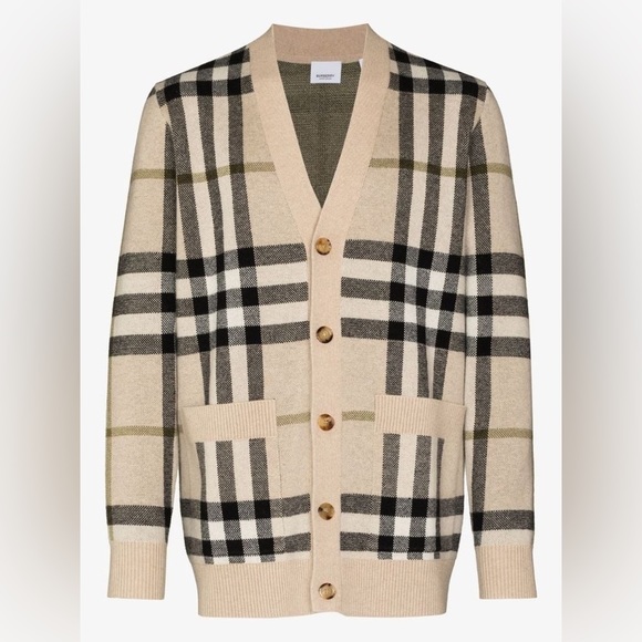 Burberry Signature Check Jacquard  Cardigan Wool Cashmere in Beige | size L - Picture 3 of 12